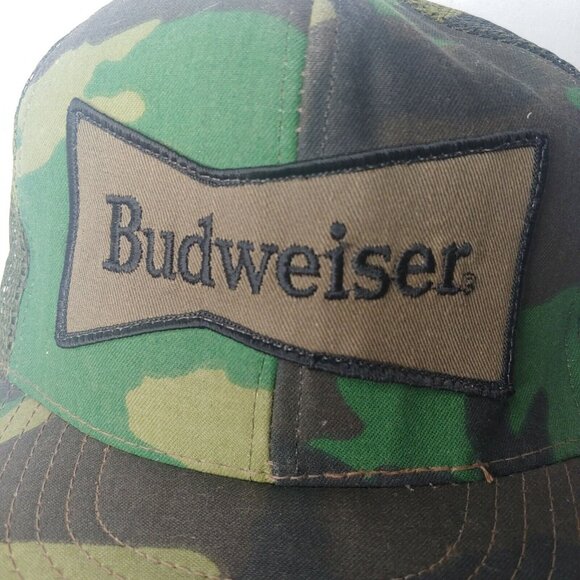 Budweiser Beer Cap Hat Camouflage Green Snap Back Trucker Vintage USA Hunting - Picture 2 of 9